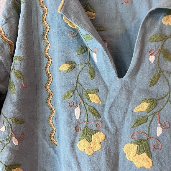 Mi Golondrina Mexico Embroidered Blue Yellow Floral Blouse Huipil Medium - Picture 8 of 8